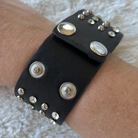 Adjustable Leather Studded Rhinestone Cuff - Picture 2 of 7